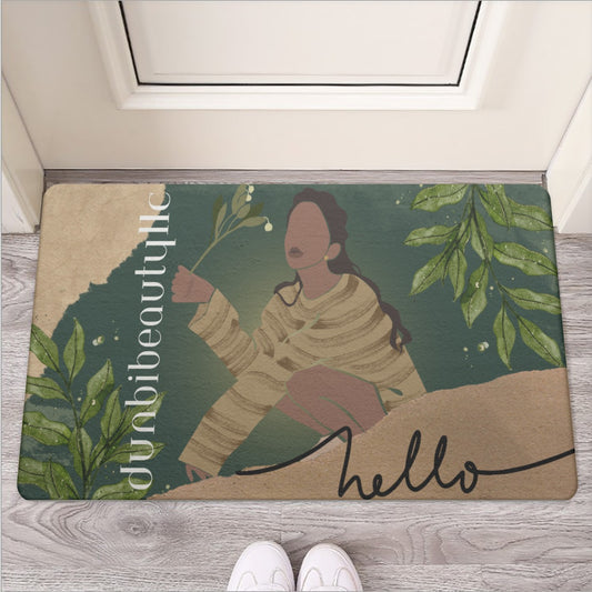 Door Mat | Rubber Black Woman with Flowers, Green, Grace, Beauty (Designed by Dunbi)