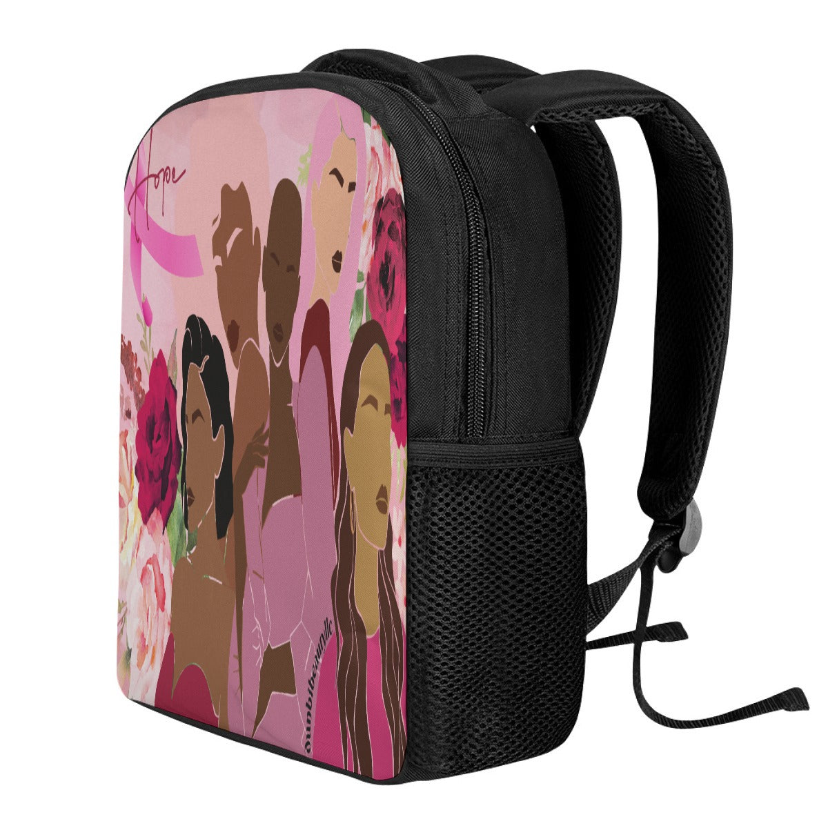 Student Backpack Unity, Hope, Pink, Hot Pink, Burgundy, Roses, Breast Cancer Awareness, Women, Black, Hispanic, White, Hair, Smooth (Designed by Dunbi)