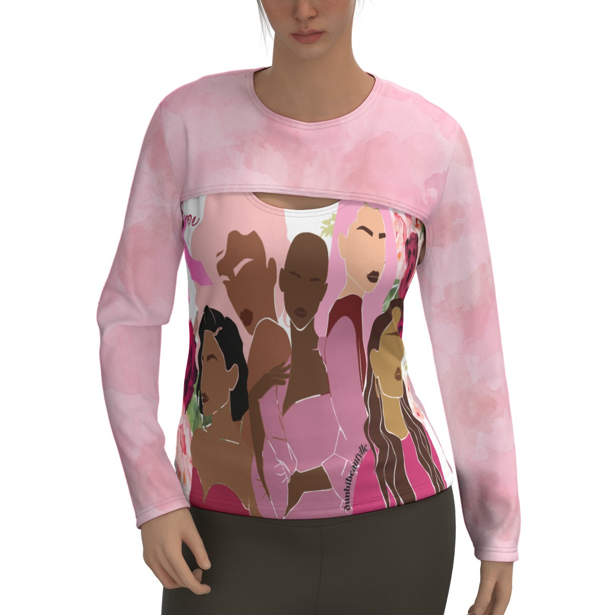 All-Over Print Women's Two-piece Sport Sweatshirt Unity, Hope, Pink, Hot Pink, Burgundy, Roses, Breast Cancer Awareness, Women, Black, Hispanic, White, Hair, Smooth (Designed by Dunbi)