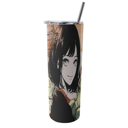 Glitter Tumbler With Stainless Steel Straw 20oz Japan, Japanese, Red, Crane, Architecture, Pretty Girl, Tiger, Kanji, Sunrise (Designed by Dunbi)