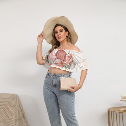 All-Over Print Women's Off-shoulder Cropped Top With Short Puff Sleeve  Dusty Rose, Pink, Perfume, High Heels Champagne & Roses, Aesthetic, Feminine, Fashion (Designed by Dunbi)