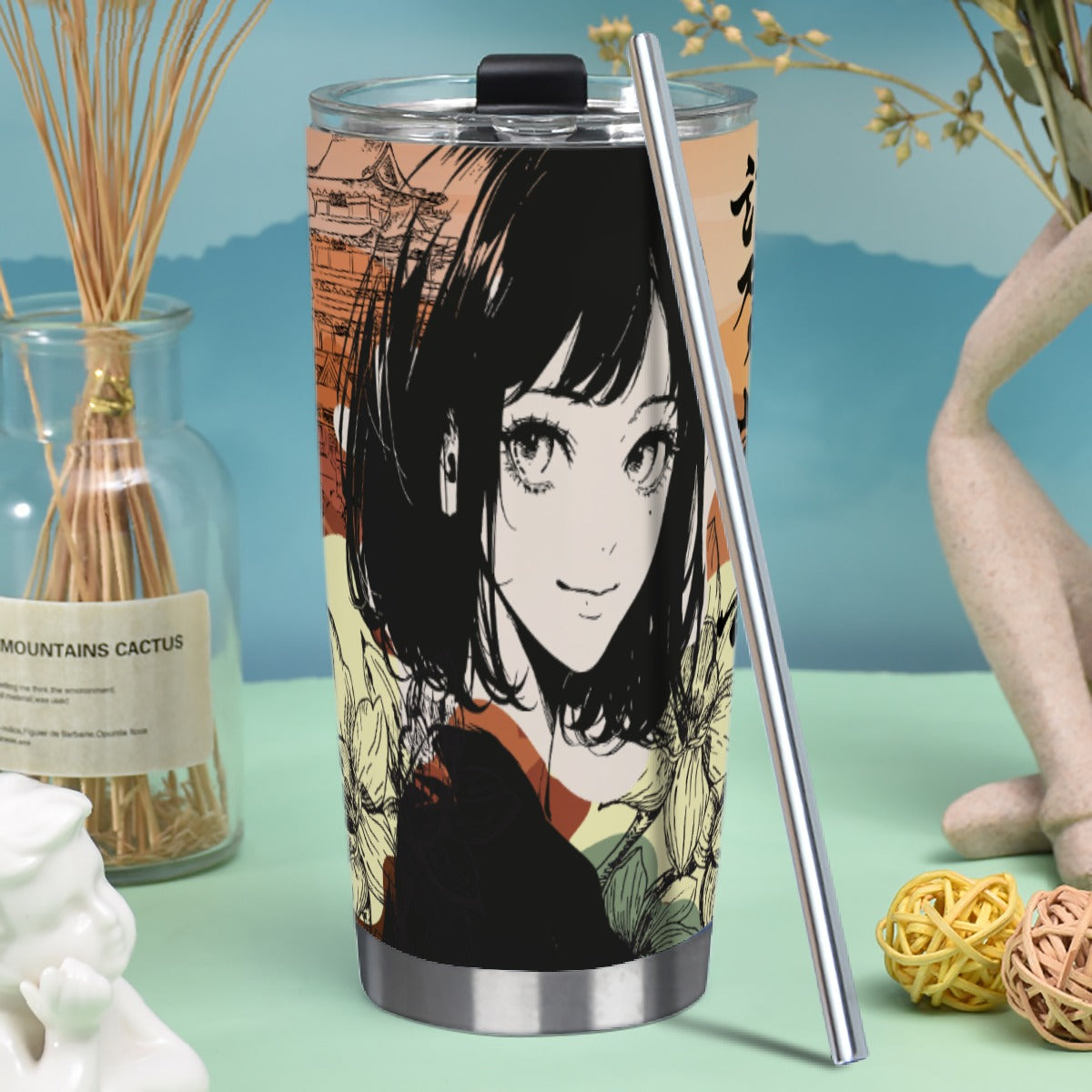 Tumbler 20oz (with Straw) Japan, Japanese, Red, Crane, Architecture, Pretty Girl, Tiger, Kanji, Sunrise (Designed by Dunbi)