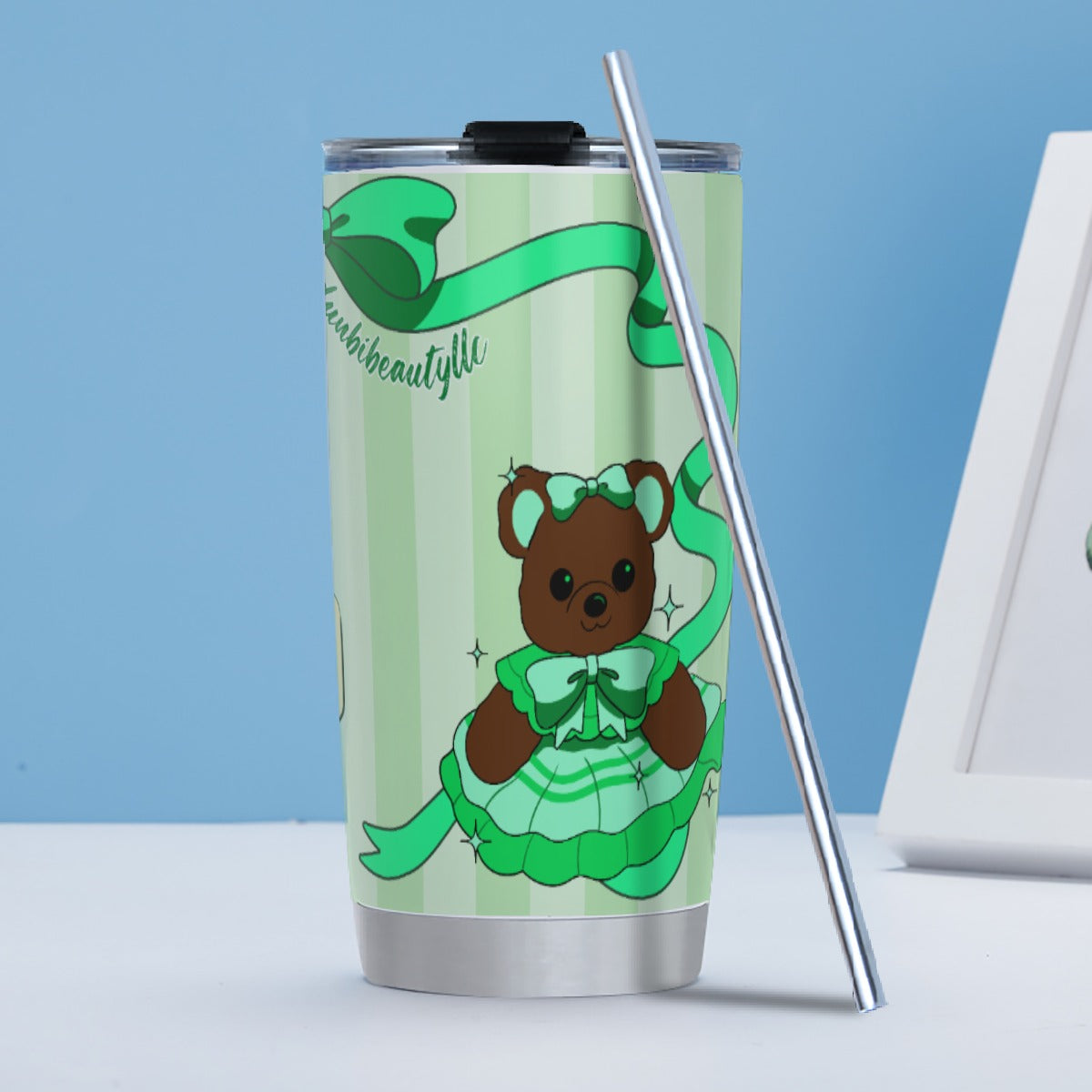 Tumbler 20oz (with Straw) Cute Teddy Bear, Tea Party, Ribbon, Bows, Cakes, Cute, Victorian, Doll, Cute Girl, Green Style 1, Stripes (Designed by Dunbi)