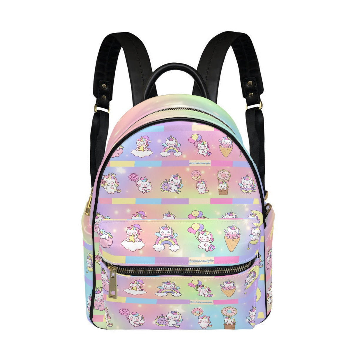 Small Size Backpack Kawaii Unicorn, Pastel Rainbow, Clouds, Pink, Purple, Blue, Yellow, Sleepy Unicorn, Hungry Unicorn, Moon, Candy, Donuts, Ice Cream (Designed by Dunbi)