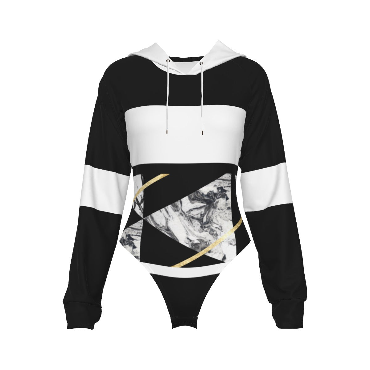 All-Over Print Women's Raglan Sleeve Hooded Bodysuit Black (Upper Chest and Back, and Sleeves), Gold, White (Hood and Center Sleeves), Marble, Geometric, 90s Inspired, Retro (Designed by Dunbi)