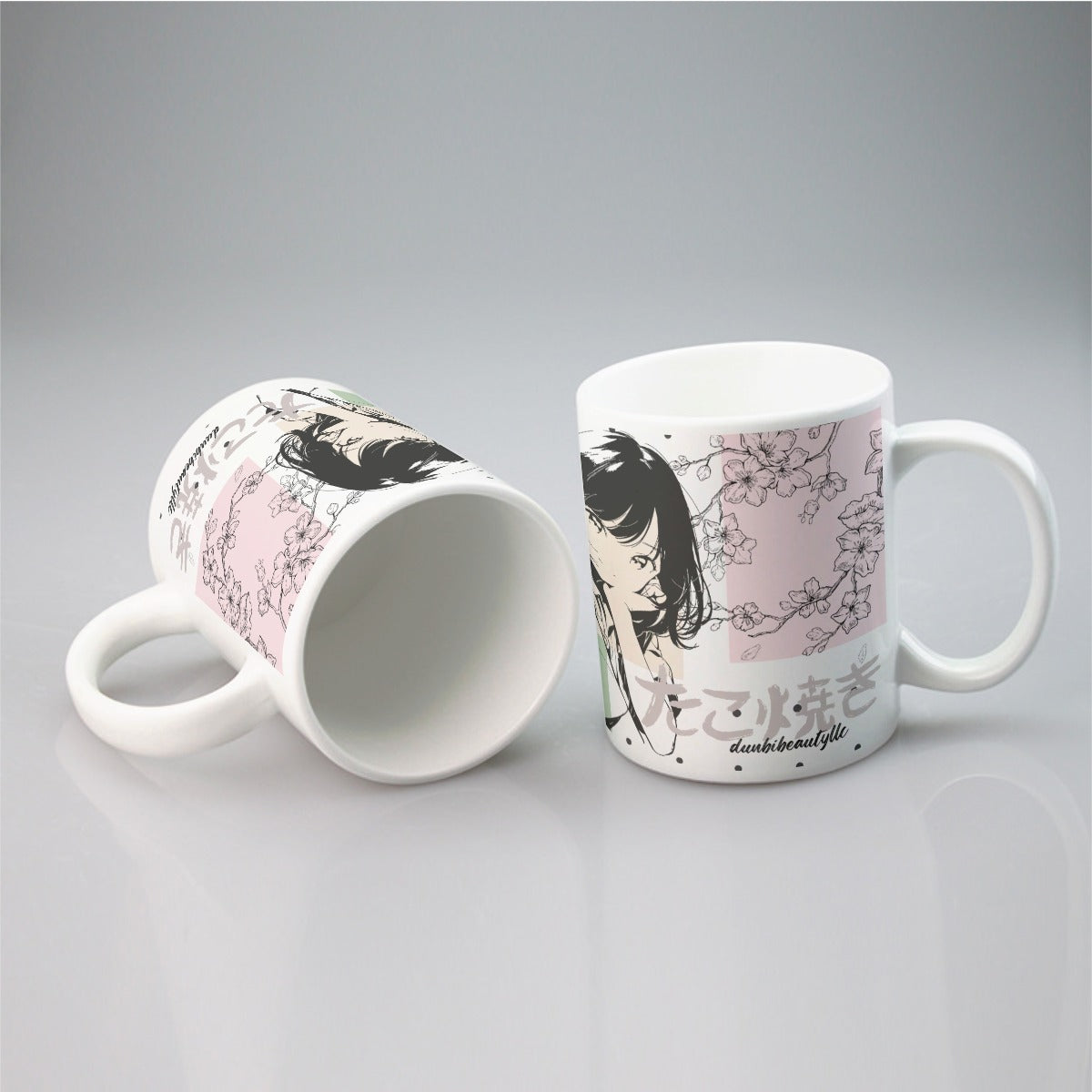 All-over print mug Japanese, Japan, Girl, Kawaii, Cute, Anime, Manga Style, Peace, Sushi, Tokyo, Cherry Blossoms (Designed by Dunbi)