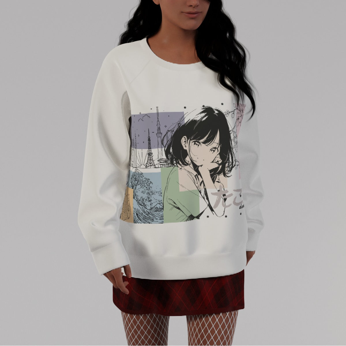 All-Over Print Women's Round Neck Raglan Sleeve Sweatshirt Japanese, Japan, Girl, Kawaii, Cute, Anime, Manga Style, Peace, Sushi, Tokyo, Cherry Blossoms (Designed by Dunbi)