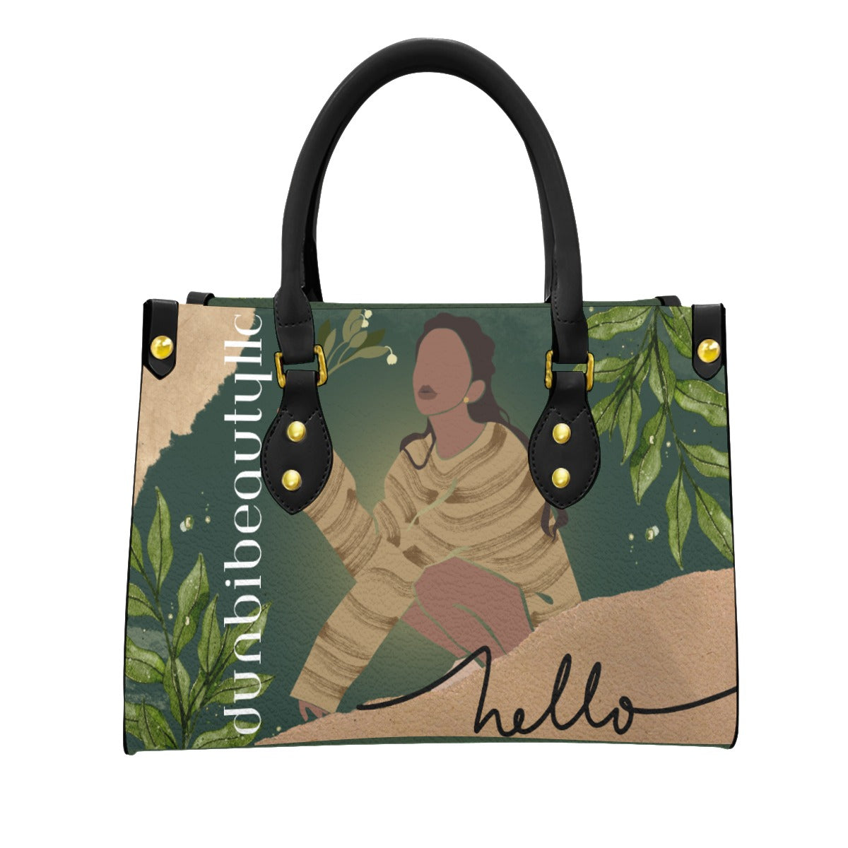 Women's Tote Bag With Black Handle Black Woman with Flowers, Green, Grace, Beauty (Designed by Dunbi)