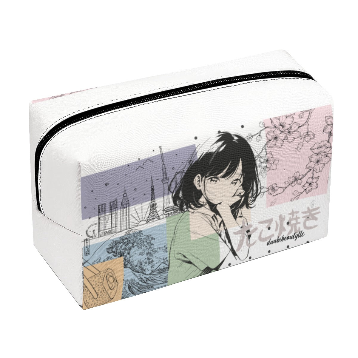 PU Cosmetic Bag Japanese, Japan, Girl, Kawaii, Cute, Anime, Manga Style, Peace, Sushi, Tokyo, Cherry Blossoms (Designed by Dunbi)