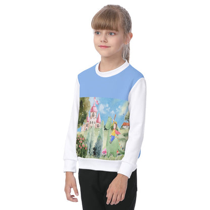 All-Over Print Kid's Sweatshirt Boy, Watercolor, Castle, Dragon, Garden, Prince, Crown, Cape, Wooden Sword, Clouds (Designed by Dunbi)