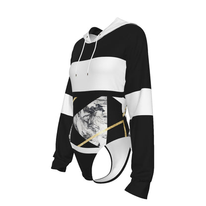 All-Over Print Women's Raglan Sleeve Hooded Bodysuit Black (Upper Chest and Back, and Sleeves), Gold, White (Hood and Center Sleeves), Marble, Geometric, 90s Inspired, Retro (Designed by Dunbi)