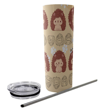 Glitter Tumbler With Stainless Steel Straw 20oz Hedgehog, Kawaii, Animals, Paw Prints, Happy, Cute, Sleepy, Baby Animals, Brown, White (Designed by Dunbi)