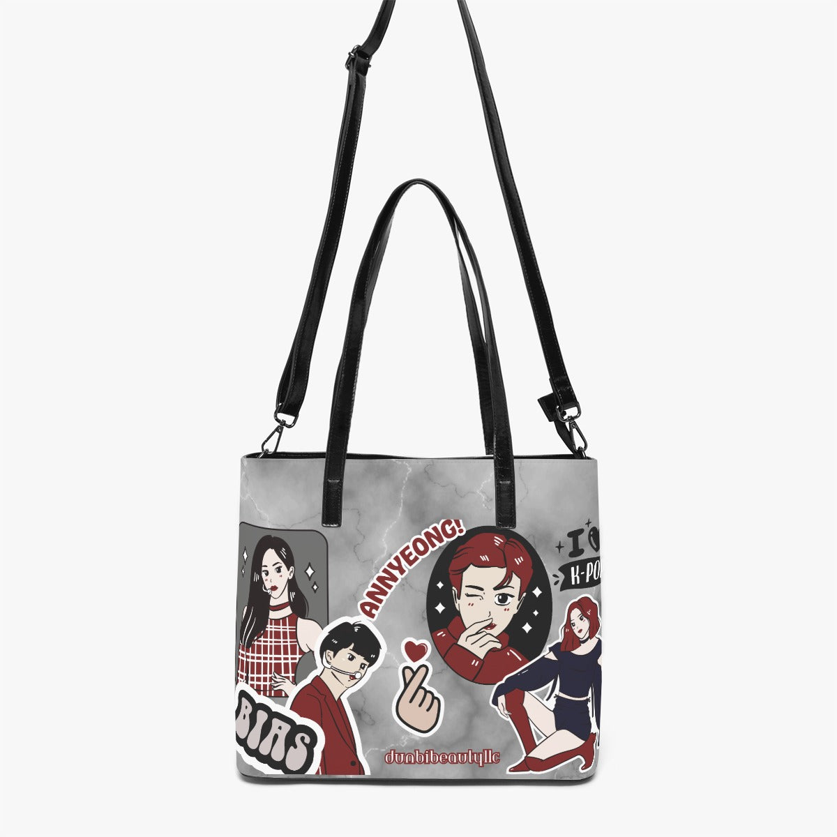 Double-Side Printing PU Tote Bag Kpop Inspired, Itzy, BTS, BLACKPINK, Annyeong, Bias, I Love Kpop, Marble, Black and Red, Idol Ryujin, Jin (Designed by Dunbi)