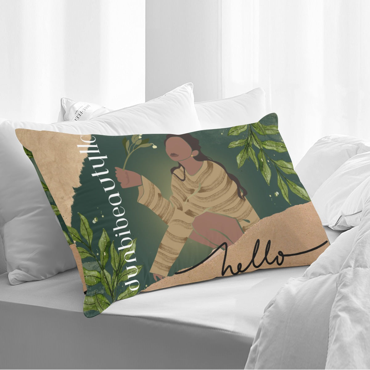 Double Side Printing Pillow Cover（1PC）Black Woman with Flowers, Green, Grace, Beauty (Designed by Dunbi)