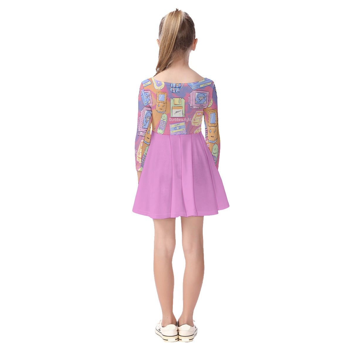 All-Over Print Kid's Long Sleeve Dress Kawaii, Retro, Anime, 90's Themed, Sherbet Colors, Pastel (Designed by Dunbi)