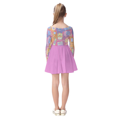 All-Over Print Kid's Long Sleeve Dress Kawaii, Retro, Anime, 90's Themed, Sherbet Colors, Pastel (Designed by Dunbi)