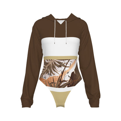 All-Over Print Women's Raglan Sleeve Hooded Bodysuit Dark Brown (Chest, Upper Back, Hood and Sleeves), Beige, White, Copper Gradient Leaves, Tropical, Rustic (Designed by Dunbi)