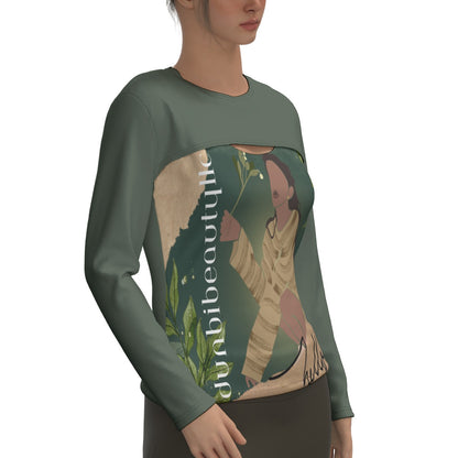 All-Over Print Women's Two-piece Sport Sweatshirt Black Woman with Flowers, Green, Grace, Beauty (Designed by Dunbi)