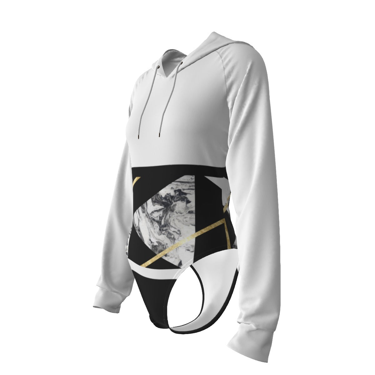 All-Over Print Women's Raglan Sleeve Hooded Bodysuit Black, Gold, White (Upper Body Only), Marble, Geometric, 90s Inspired, Retro (Designed by Dunbi)