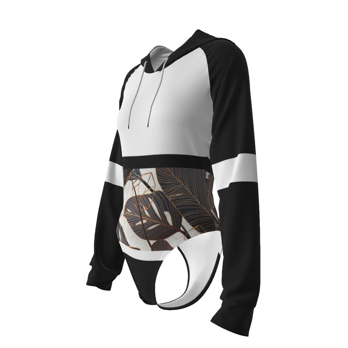 All-Over Print Women's Raglan Sleeve Hooded Bodysuit  Black, White, Gold, Black Gradient Leaves, Stripes, 90s Inspired (Designed by Dunbi)