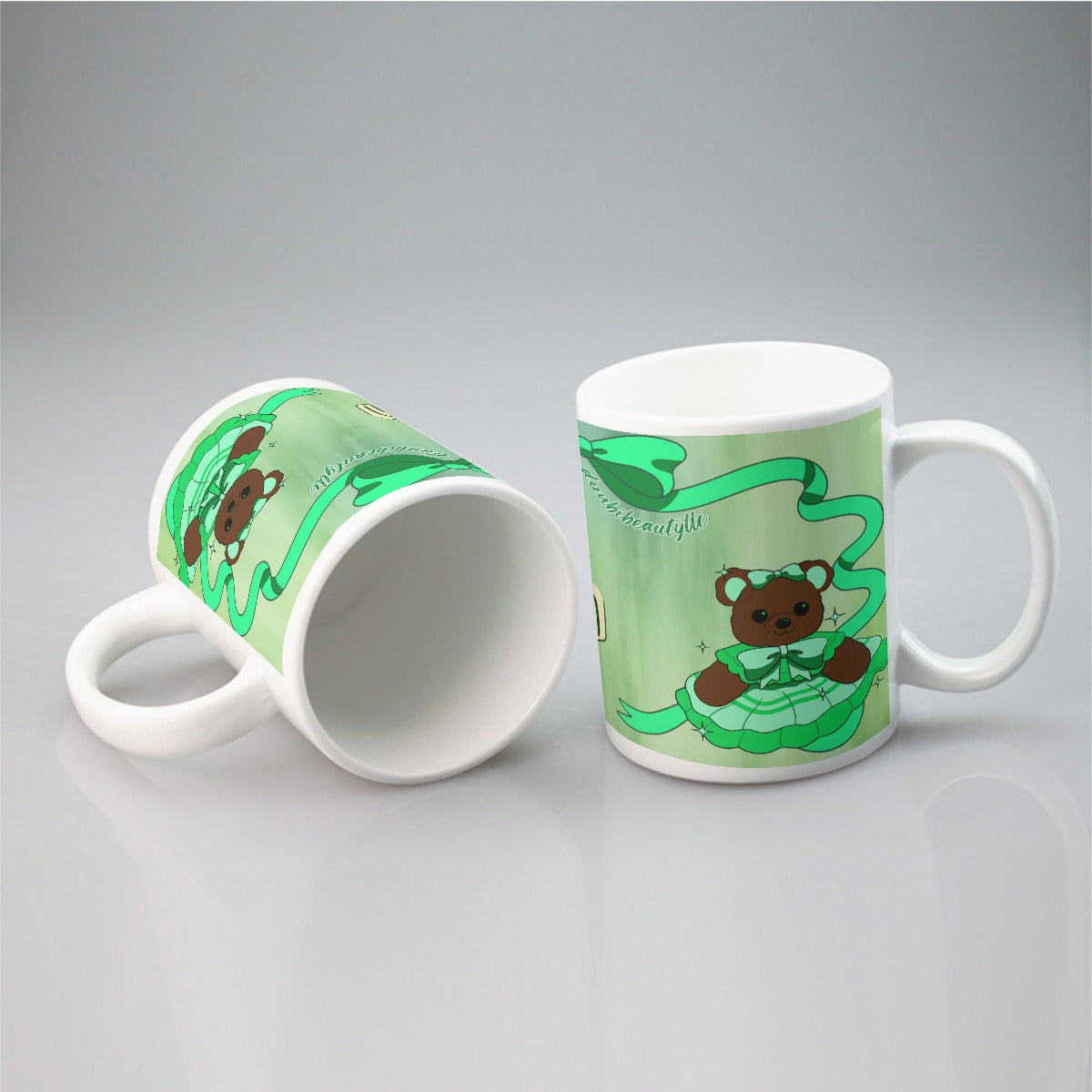 All-over print mug Cute Teddy Bear, Tea Party, Ribbon, Bows, Cakes, Cute, Victorian, Doll, Cute Girl, Green Style 2 (Designed by Dunbi)