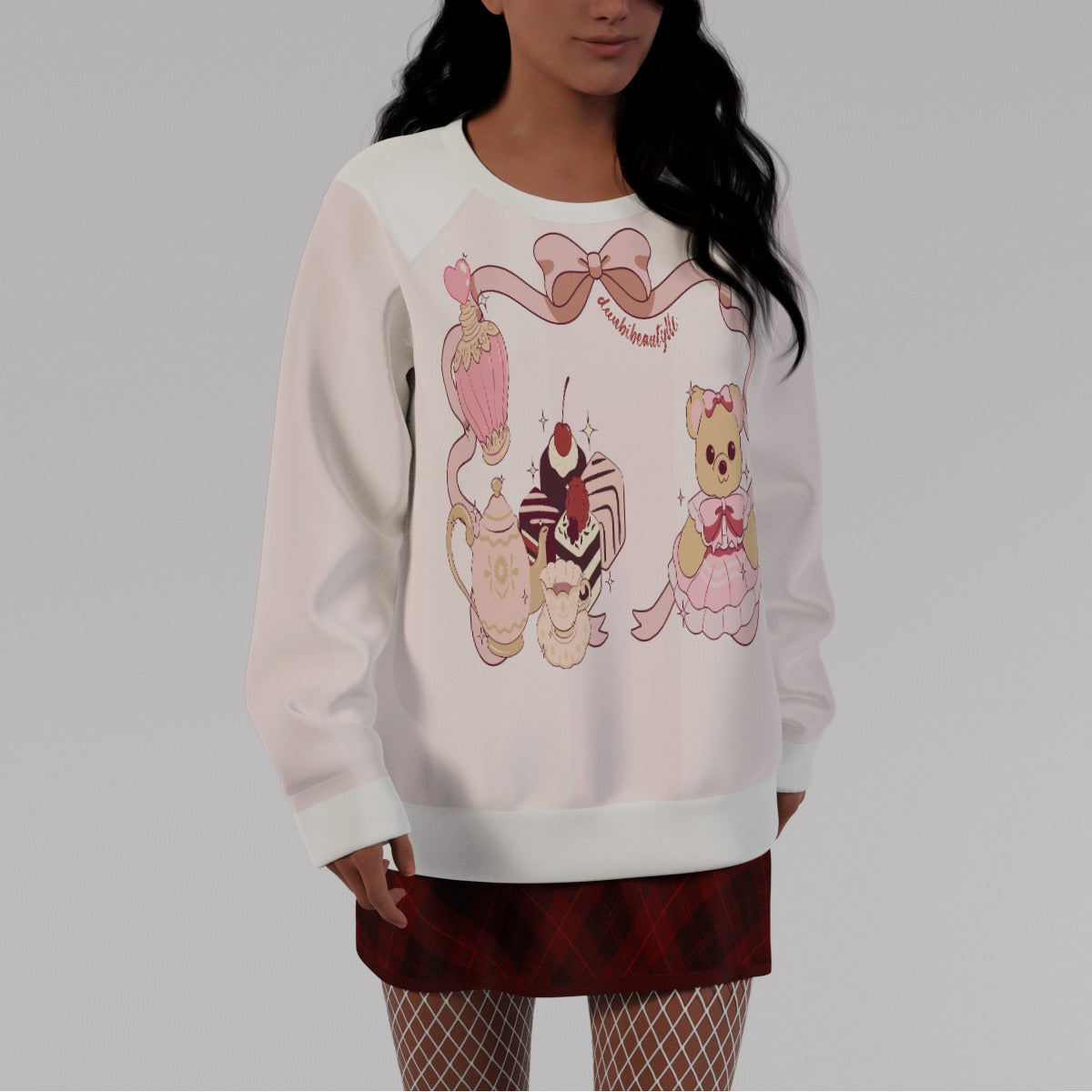 All-Over Print Women's Round Neck Raglan Sleeve Sweatshirt Cute Teddy Bear, Tea Party, Ribbon, Bows, Cakes, Cute, Victorian, Doll, Cute Girl, Pink Style 1, Stripes (Designed by Dunbi)