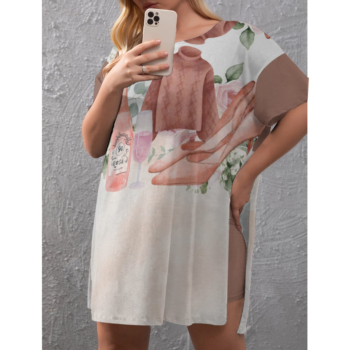 All-Over Print Women's Drop-Shoulder T-Shirt with Side Split and Shorts (Plus Size)  Dusty Rose, Pink, Perfume, High Heels Champagne & Roses, Aesthetic, Feminine, Fashion (Designed by Dunbi)