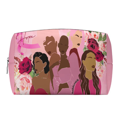 PU Cosmetic Bag Unity, Hope, Pink, Hot Pink, Burgundy, Roses, Breast Cancer Awareness, Women, Black, Hispanic, White, Hair, Smooth (Designed by Dunbi)