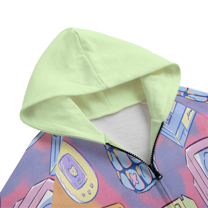 All-Over Print Kid's Zip Up Raglan Sleeve Hoodie | 310GSM Cotton Kawaii, Retro, Anime, 90's Themed, Sherbet Colors, Pastel (Designed by Dunbi)