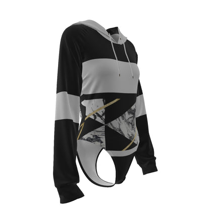 All-Over Print Women's Raglan Sleeve Hooded Bodysuit Black (Upper Chest and Back, and Sleeves), Gold, White (Hood and Center Sleeves), Marble, Geometric, 90s Inspired, Retro (Designed by Dunbi)