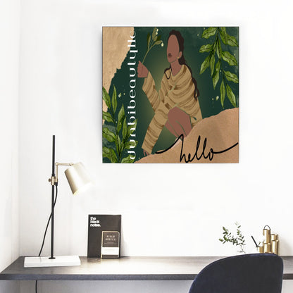 Framed Single Piece Mural | Square Black Woman with Flowers, Green, Grace, Beauty (Designed by Dunbi)