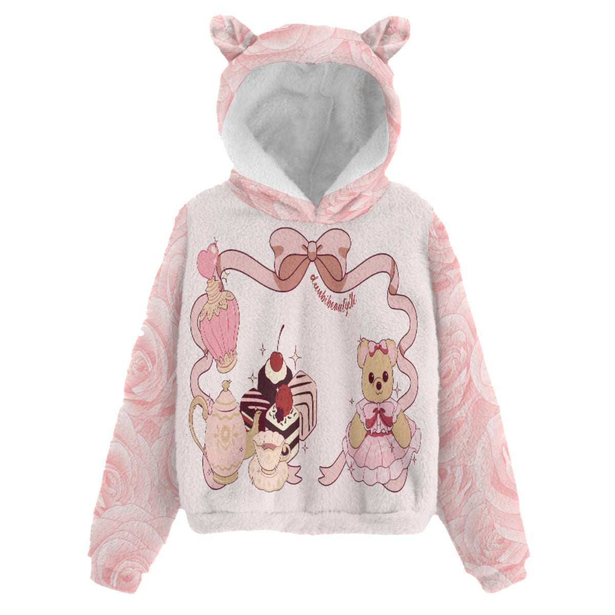 All-Over Print Kid’s Borg Fleece Sweatshirt With Ear Cute Teddy Bear, Tea Party, Ribbon, Bows, Cakes, Cute, Victorian, Doll, Cute Girl, Pink Style 2, Roses (Designed by Dunbi)