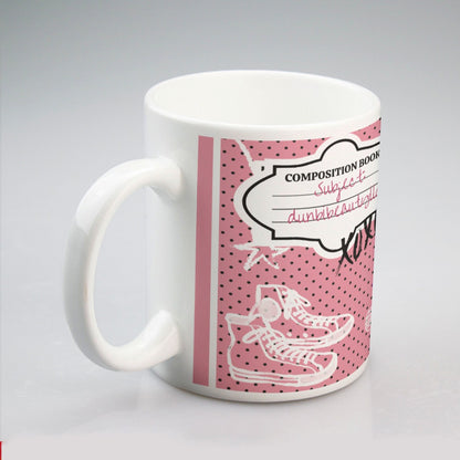 All-over print mug Back to School, Composition Notebook Style, Doodles, Scribbles, Writing, Girl, Pink (Designed by Dunbi)