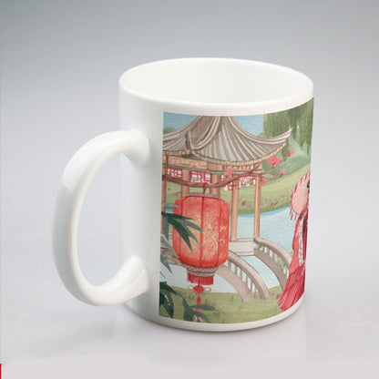 All-over print mug Asian Garden, Beauty, Peace, Serenity, Home, Happiness, Crane, River, Historic, Chinese Dynasty, Hanfu (Designed by Dunbi)