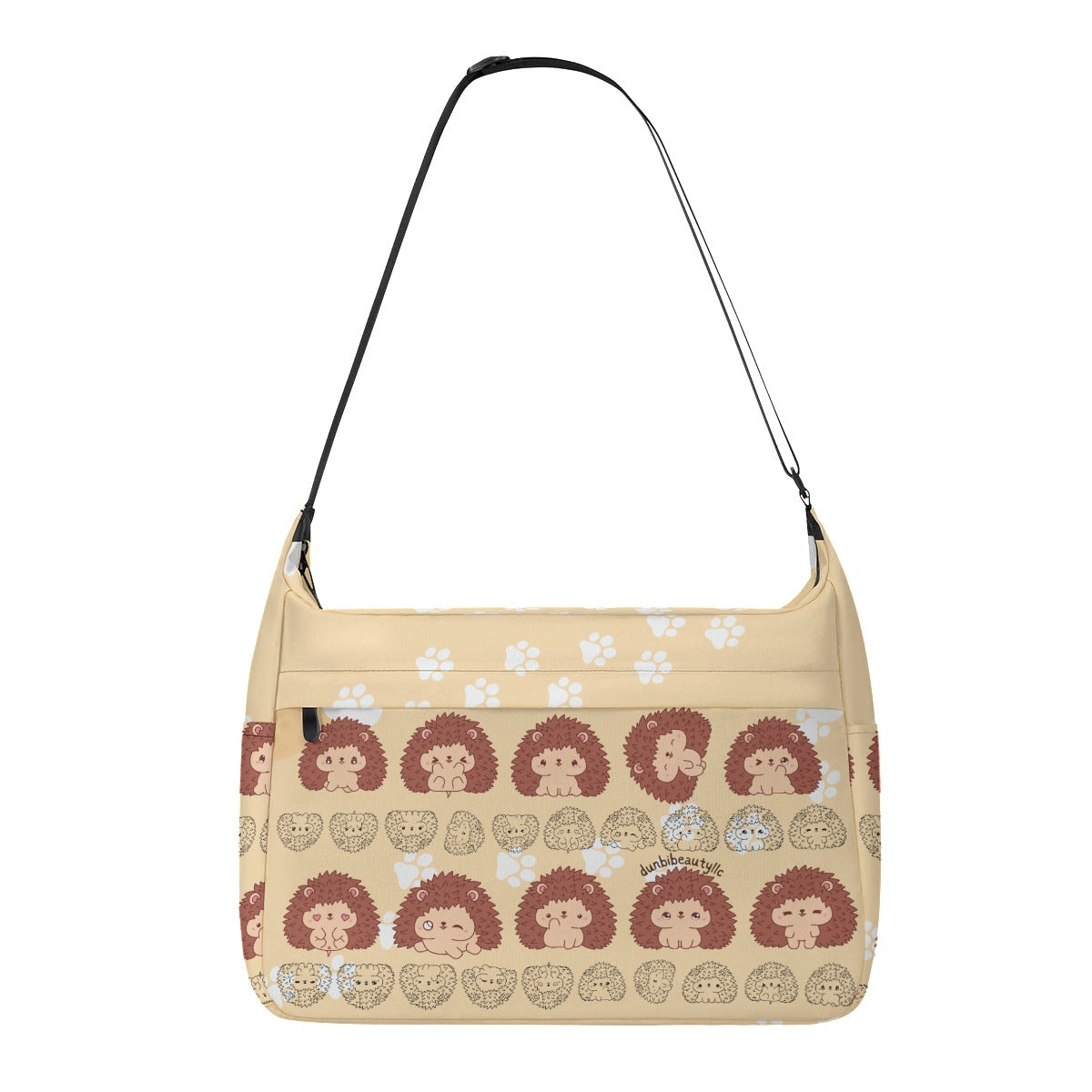 Messenger Bag Hedgehog, Kawaii, Animals, Paw Prints, Happy, Cute, Sleepy, Baby Animals, Brown, White (Designed by Dunbi)