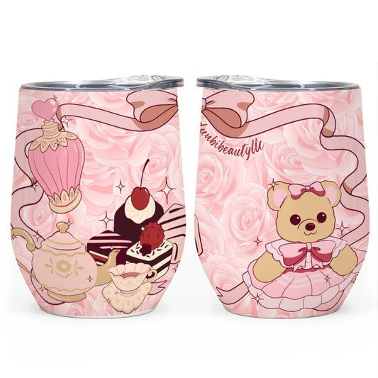 All-Over Print Egg Cup Wine Tumbler|12OZ Cute Teddy Bear, Tea Party, Ribbon, Bows, Cakes, Cute, Victorian, Doll, Cute Girl, Pink Style 2, Roses (Designed by Dunbi)