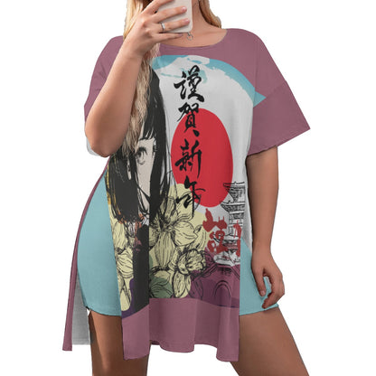 All-Over Print Women's Drop-Shoulder T-Shirt with Side Split and Shorts (Plus Size) Japan, Japanese, Yellow, Blue, Purple, Orange, Day, Early Morning, Sunrise, Japan Flag, Sunrise Rainbow, Crane, Architecture, Pretty Girl, Tiger, Kanji (Designed by Dunbi)