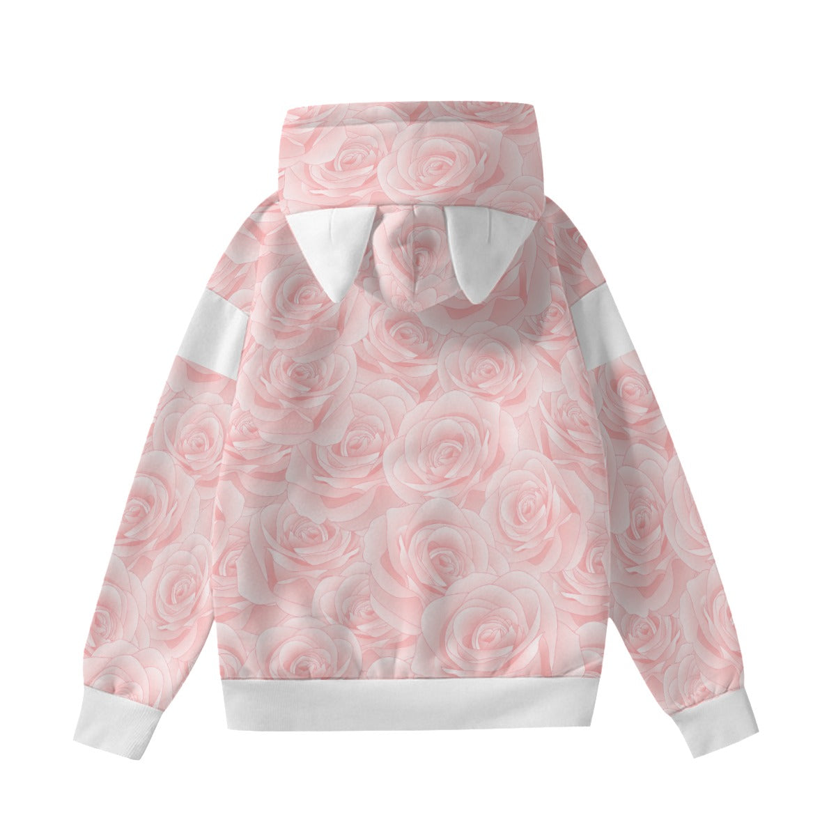 All-Over Print Women’s Hoodie With Decorative Ears Cute Teddy Bear, Tea Party, Ribbon, Bows, Cakes, Cute, Victorian, Doll, Cute Girl, Pink Style 2, Roses (Designed by Dunbi)