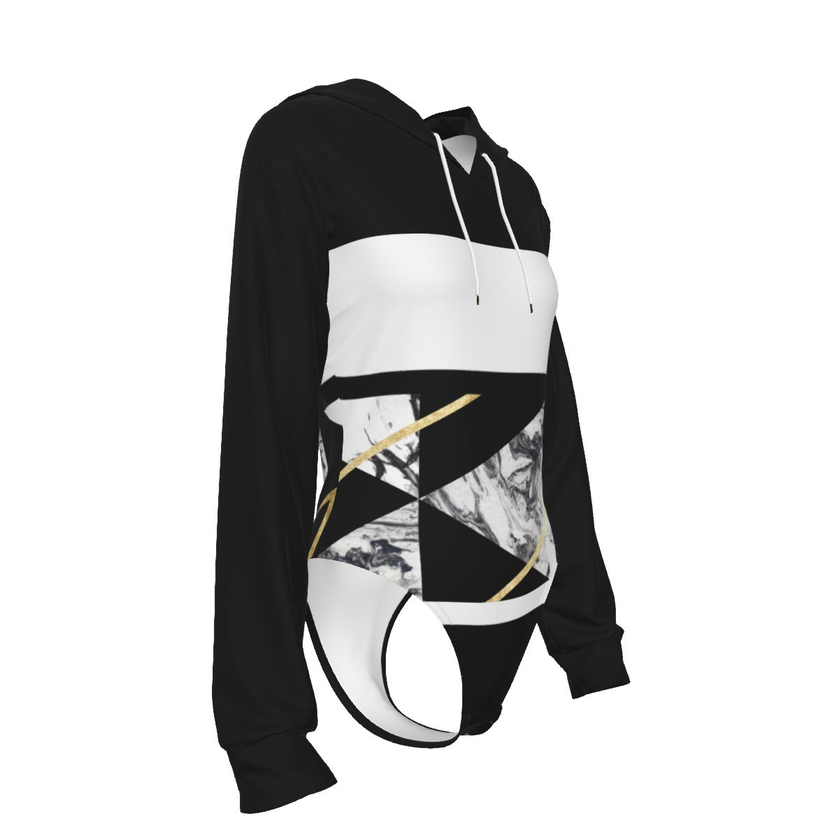 All-Over Print Women's Raglan Sleeve Hooded Bodysuit Black (Upper Chest and Back, and Sleeves), Gold, White, Marble, Geometric, 90s Inspired, Retro (Designed by Dunbi)