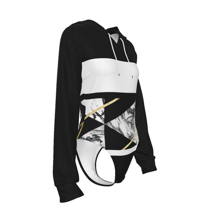 All-Over Print Women's Raglan Sleeve Hooded Bodysuit Black (Upper Chest and Back, and Sleeves), Gold, White, Marble, Geometric, 90s Inspired, Retro (Designed by Dunbi)