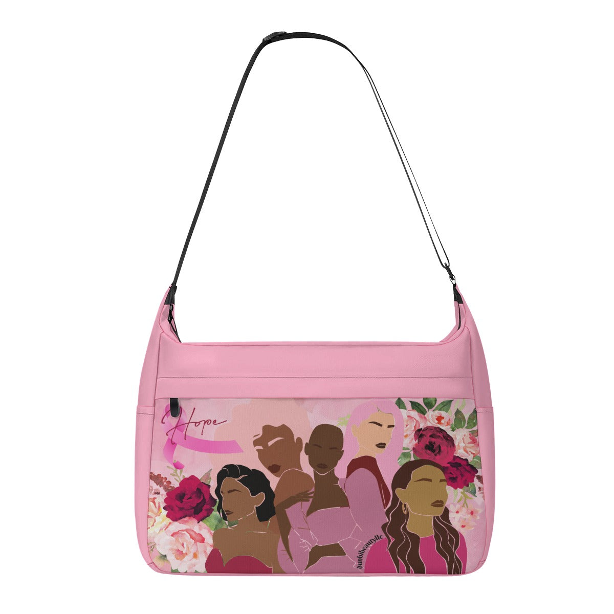 Messenger Bag Unity, Hope, Pink, Hot Pink, Burgundy, Roses, Breast Cancer Awareness, Women, Black, Hispanic, White, Hair, Smooth (Designed by Dunbi)