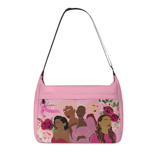 Messenger Bag Unity, Hope, Pink, Hot Pink, Burgundy, Roses, Breast Cancer Awareness, Women, Black, Hispanic, White, Hair, Smooth (Designed by Dunbi)