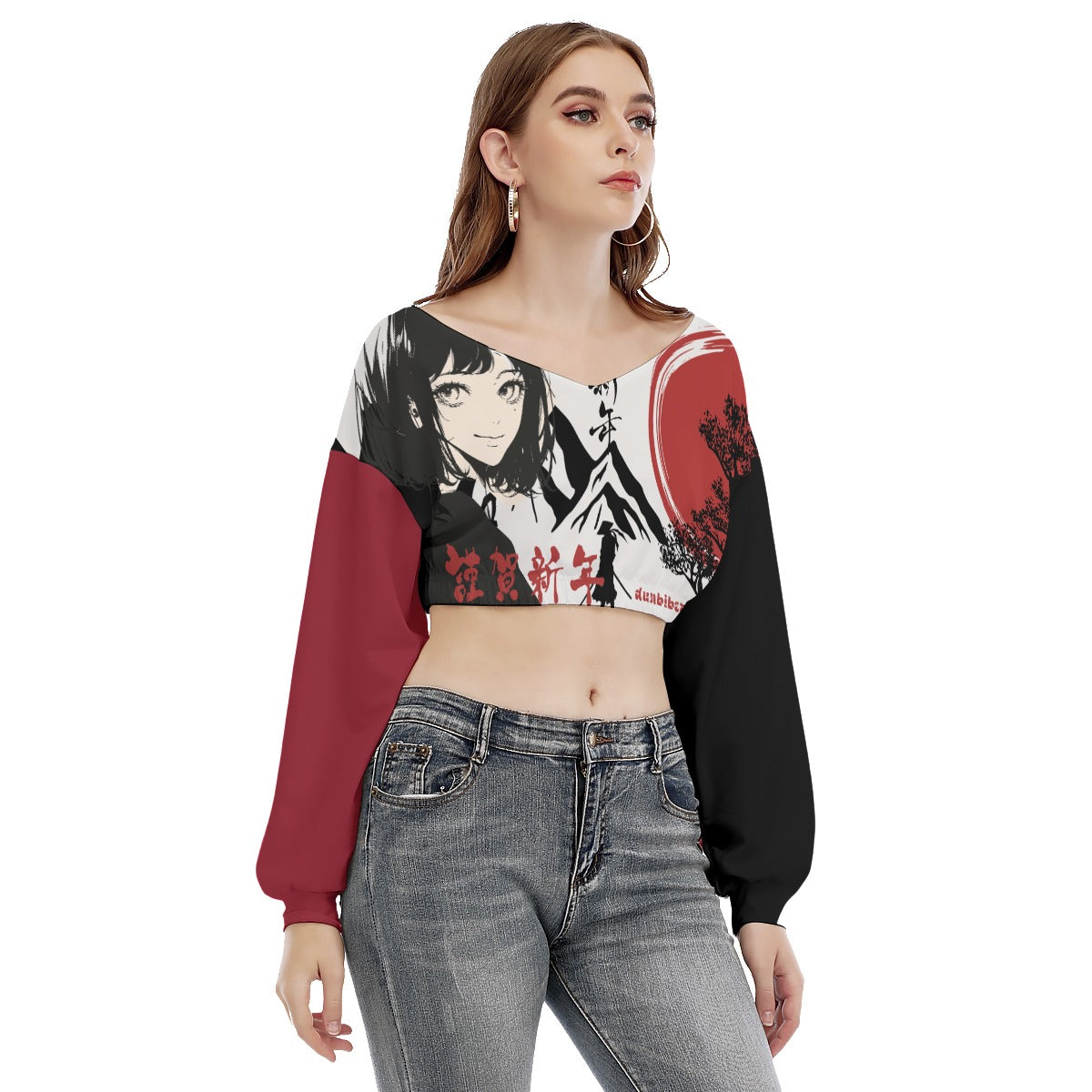 All-Over Print Women's V-neck Long Sleeve Cropped Sweatshirt Japan, Japanese, Red, Samurai, Pretty Girl, Tiger, Kanji, Mountains (Designed by Dunbi)