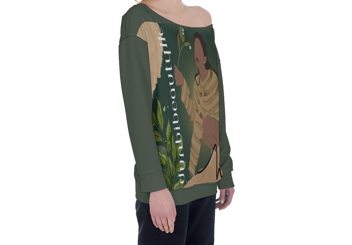 All-Over Print Oversized Women's Off-Shoulder Sweatshirt Black Woman with Flowers, Green, Grace, Beauty (Designed by Dunbi)