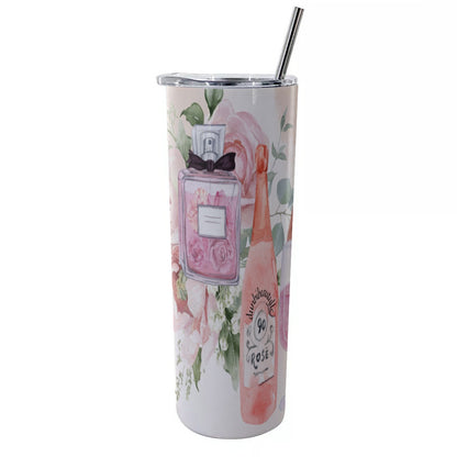 Glitter Tumbler With Stainless Steel Straw 20oz  Dusty Rose, Pink, Perfume, High Heels Champagne & Roses, Aesthetic, Feminine, Fashion (Designed by Dunbi)