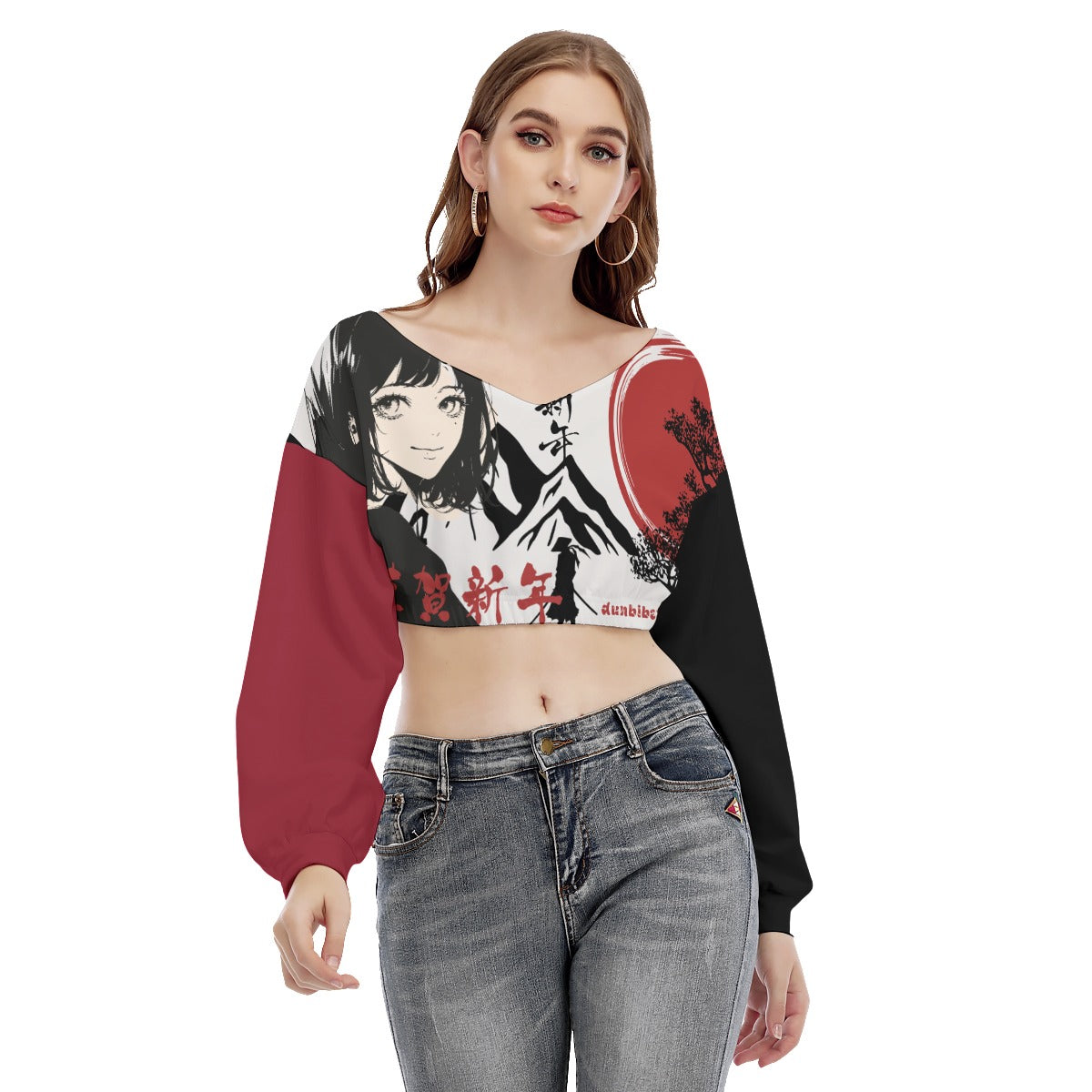 All-Over Print Women's V-neck Long Sleeve Cropped Sweatshirt Japan, Japanese, Red, Samurai, Pretty Girl, Tiger, Kanji, Mountains (Designed by Dunbi)