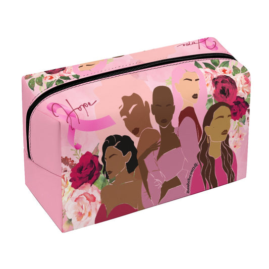 PU Cosmetic Bag Unity, Hope, Pink, Hot Pink, Burgundy, Roses, Breast Cancer Awareness, Women, Black, Hispanic, White, Hair, Smooth (Designed by Dunbi)