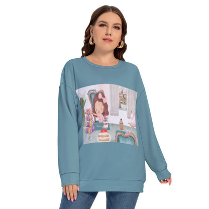 All-Over Print Women’s O-neck Drop-shoulder Sweatshirt With Long Sleeve(Plus Size) Girl, Tea Party, Happy, Cute, Cake, Macarons, Cupcake, Tea, Snacks, Party, Bow, Parfait, Dessert (Designed by Dunbi)