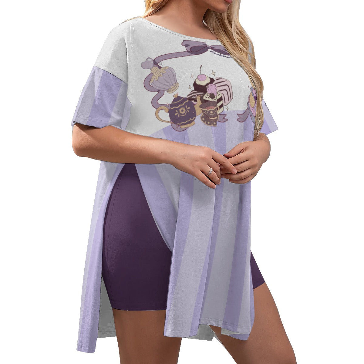 All-Over Print Women's Drop-Shoulder T-Shirt with Side Split and Shorts (Plus Size) Cute Teddy Bear, Tea Party, Ribbon, Bows, Cakes, Cute, Victorian, Doll, Cute Girl, Purple Style 1, Stripes (Designed by Dunbi)