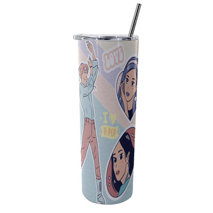 Glitter Tumbler With Stainless Steel Straw 20oz KPOP Inspired, BTS, Enhyphen, Pastel, Ive, Aespa, Bias, Happy Pill, Love, I Love KPOP, Idol, Music (Designed by Dunbi)